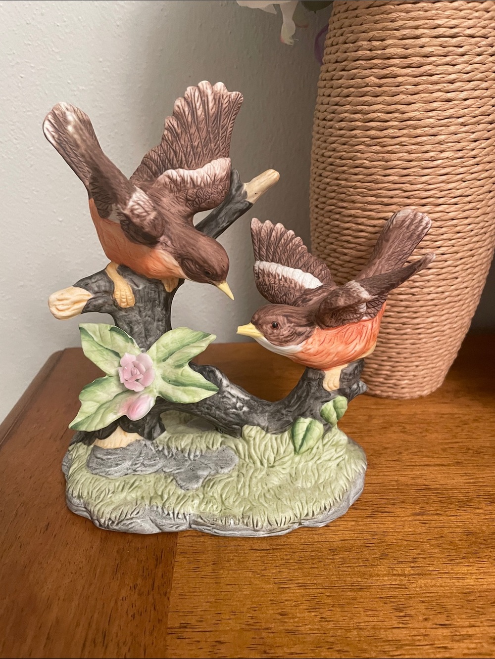 Porcelain Statue Robin Birds Perched on a Branch with Pink Flower